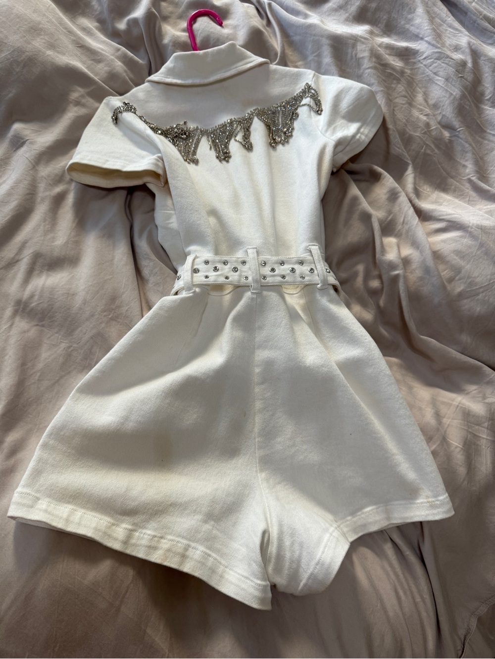 White Short Sleeve Zip-Front Romper with Embellished Belt - Picture 14 of 16